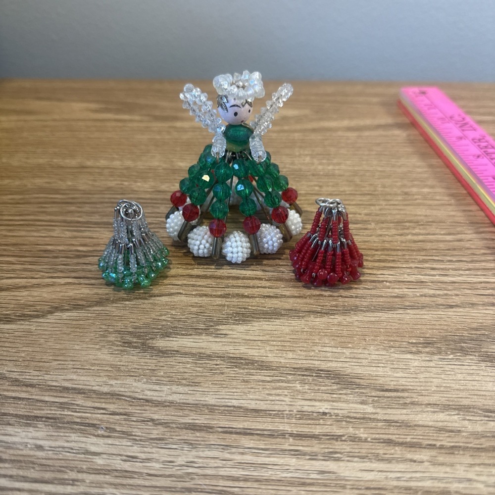 Vintage Handmade Christmas Bead And Safety Pin Angel ornament & Bells